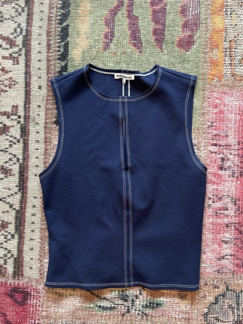 Reformation Carsyn Navy Sleeveless Stitch-Detail Top